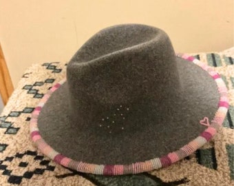 Hand Beaded wide brim fedora with heart detail