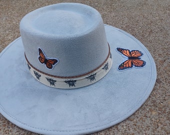 Faux Suede stiff brim rancher hat with butterfly detail