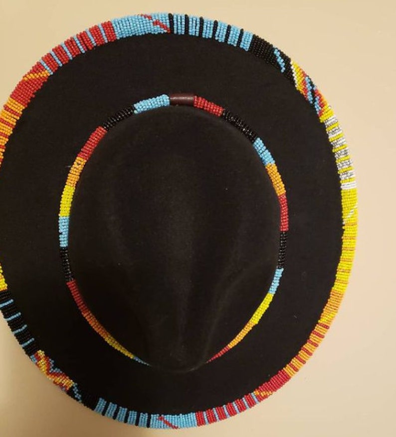 Custom Hand Beaded Wide Brim Fedora Felt Hat, seed bead 11/0, custom color/ pattern combination. hat band optional. Bild 5