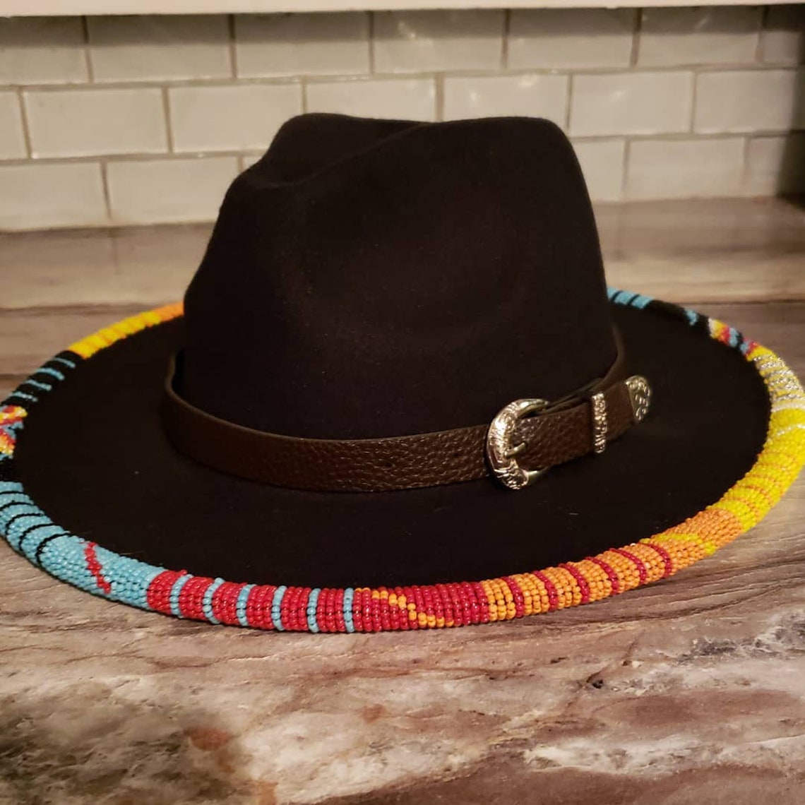 Custom Hand Beaded Wide Brim Fedora Felt Hat seed bead 11/0 Etsy