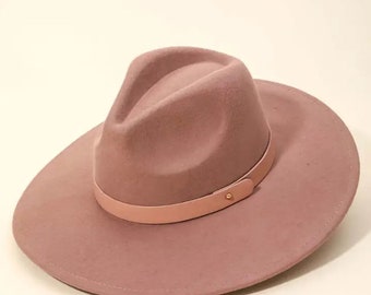 Wide Brim wool fedora pink with matching faux leather strap.