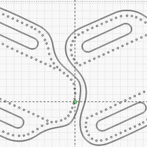 May include: A black and white line drawing of a leather pattern with multiple holes. The pattern is symmetrical and has two curved shapes with a small gap in the middle.