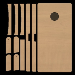 May include: A wooden DIY kit for building a cornhole game. The kit includes the boards, legs, and a hole template. The boards are made of light brown wood and have a natural finish.