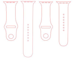 Könnte beinhalten: Vier rote Silikon-Uhrenarmbänder in verschiedenen Längen, für Smartwatches. Die Armbänder haben ein schlichtes, stromlinienförmiges Design mit Löchern zur Anpassung und einem Verschlussmechanismus. Die Armbänder werden vor weißem Hintergrund gezeigt.