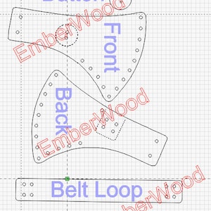May include: A black and white line drawing of a leather axe sheath pattern with the text "EmberWood" and "Button" on the top and "Front" and "Back" on the sides. The bottom of the image shows a belt loop with the text "EmberWood" and "Belt Loop".