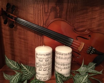 Two Beautiful Vintage Music Covered Candles- Great music gift - Music Candle Centerpiece - Decorate Mantel, Piano, Music Studio