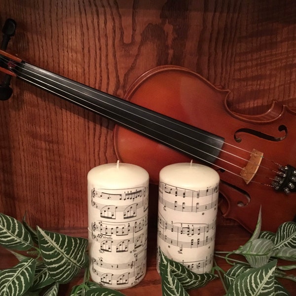 Two Beautiful Vintage Music Covered Candles- Great music gift - Music Candle Centerpiece - Decorate Mantel, Piano, Music Studio
