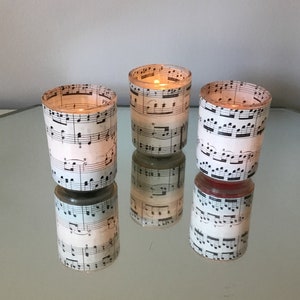 3 Music Covered Candle Holders with Votive Candles or Tea Lights.  Wedding, table,centerpiece, music gift, music decor.