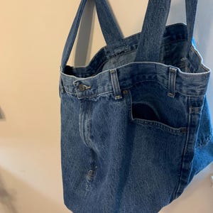Custom Denim “memory” tote made from a loved one’s jeans or your own jeans. Washable, repurposed denim. Reusable shopping tote bag.