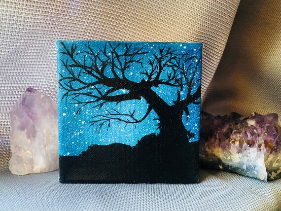 Tree Silhouette With Night Sky Galaxy Painting Mini Etsy Tree Silhouette With Night Sky Galaxy Painting Mini Etsy