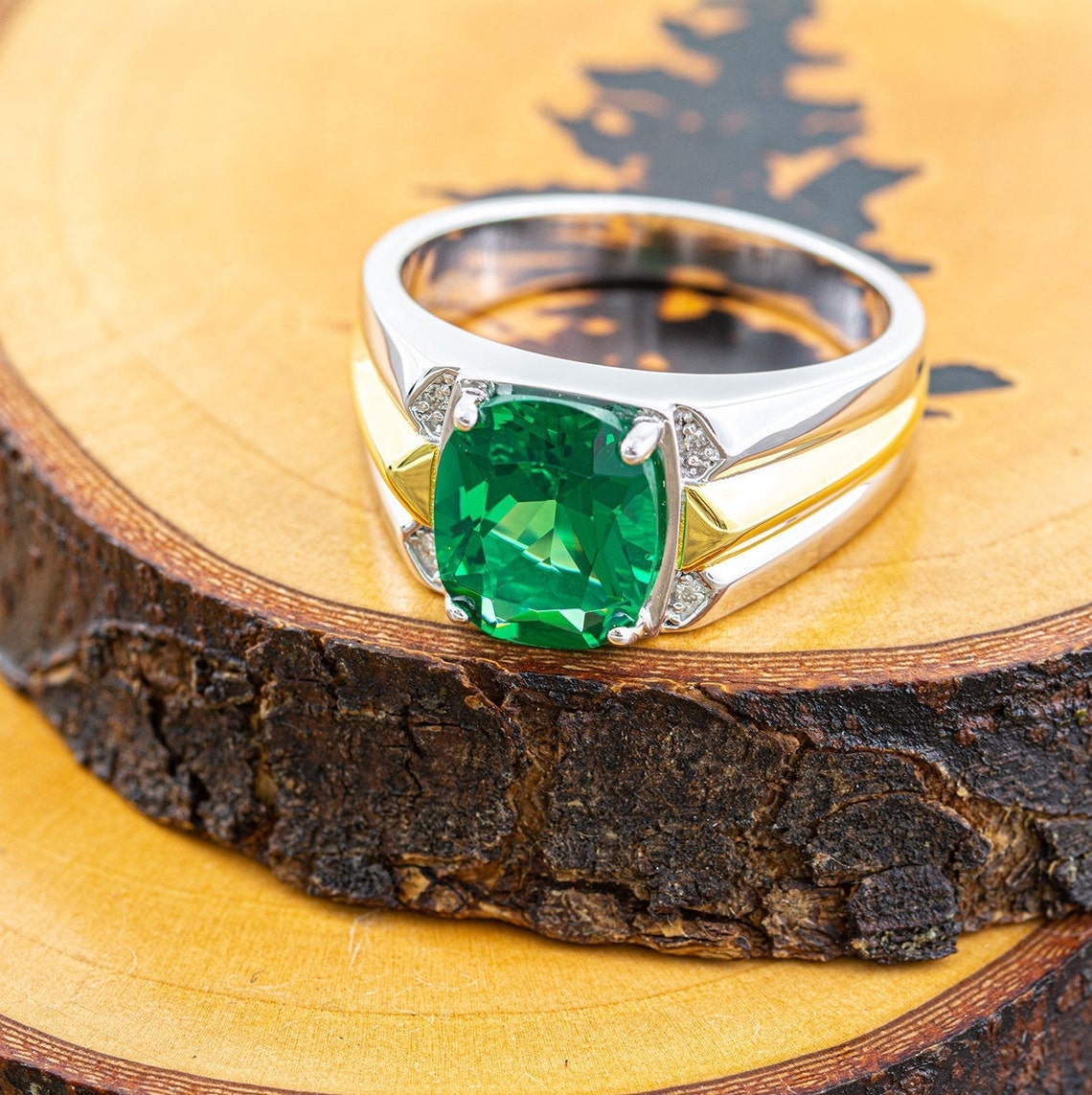 Mens Ring/ Emerald Ring Gift / Statement Ring Gift / Two Toned - Etsy