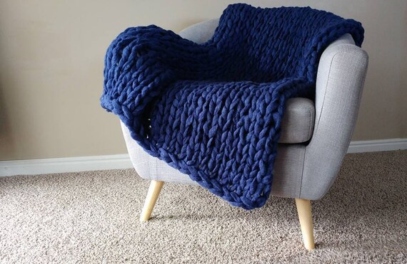 Chunky Navy Blanket Arm Knit Throw