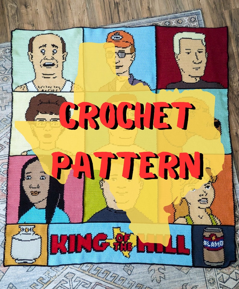 K&ouml;nnte beinhalten: Ein H&auml;kelmuster f&uuml;r eine King of the Hill-Decke mit den Hauptfiguren der Serie. Das Muster ist in Form des Bundesstaates Texas und enth&auml;lt den Text "CROCHET PATTERN".