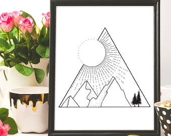 Triangle Nature Print, Mountains, Wild Life, Nature wall art print, Geometric print, Minimalist print, Geometric Nature, ink art, digital