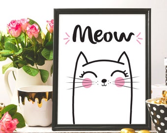 Meow Cat, Cat drawing, Cat print wall decor, Cat print, Cat illustration, Cat printable art, Nursery wall art, Cat wall art, Nursery print