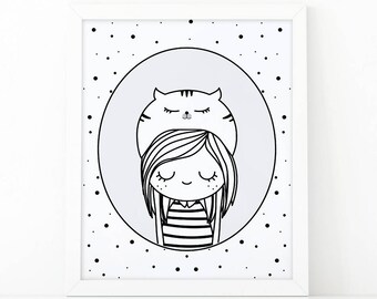 Girl poster, cat lover, Monochromatic art, kitten wall art, Black and White, Nursery printable art, scandinavian wall art, girls room decor