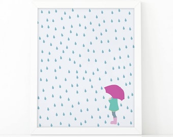 Girl with umbrella, Dance in the rain, girls room decor, nursery printable art, rain print, scandinavian print, raindrops, umbrella print