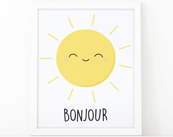 Bonjour, printable art, Rise and shine, nursery wall art, good morning print, cute sun, nursery printable art, baby shower, instant download