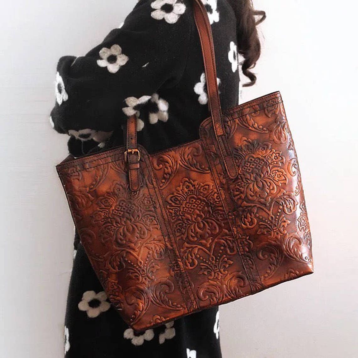 Brown Leather Tote Purse/Tooled Tote Leather Handbag/Vintage Etsy