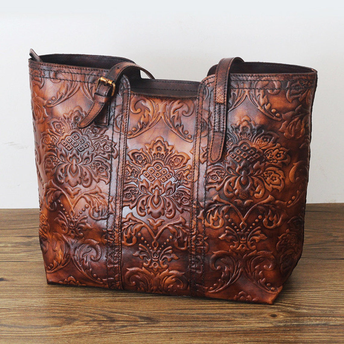 Brown Leather Tote Purse/Tooled Tote Leather Handbag/Vintage Etsy