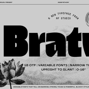 Könnte beinhalten: Grafikdesign mit dem Wort "Bratvä" in fetten, schwarzen Blockbuchstaben. Das Bild enthält den Text "A new typeface from AF Studio" und Details zu den Eigenschaften der Schriftart, wie z. B. variable Schriftarten und Stile.