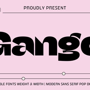 Könnte beinhalten: Ein rosa Hintergrund mit dem Wort "Gango" in großen, fetten, schwarzen Buchstaben. Der Text ist eine moderne serifenlose Schriftart. Die Wörter "Proudly Present" und das Jahr "2023" sind ebenfalls sichtbar. Der Text "Variable Fonts Weight & Width" befindet sich unten.