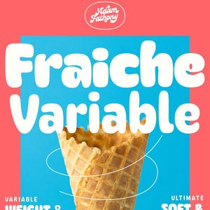 Könnte beinhalten: Nahaufnahme eines Waffelkegels vor blauem und rotem Hintergrund. Der Text "Fraiche Variable" steht in großen weißen Buchstaben. Zusätzlicher Text lautet "Variable Weight & Inktraps" und "Ultimate Soft & Rounded". Das Adam Fathony-Logo ist ebenfalls sichtbar.