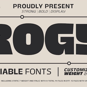 Könnte beinhalten: Beige Grafik mit dem Wort "ROGY" in großen, fetten, schwarzen Buchstaben. Der Text "PROUDLY PRESENT" und "VARIABLE FONTS" wird ebenfalls angezeigt. Enthält den Text "CUSTOMIZE WEIGHT & ITALIC" und "@2022".