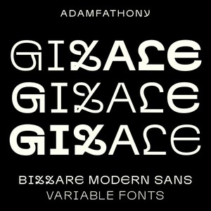 Könnte beinhalten: Schwarzer Hintergrund mit dem Text "ADAMFATHONY" oben. Darunter drei Zeilen des Wortes "GIZAZE" in einer einzigartigen Schriftart. Der Text "BIZARRE MODERN SANS VARIABLE FONTS" steht unten.