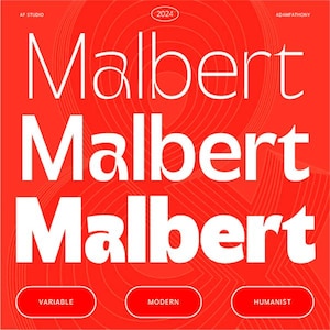Könnte beinhalten: Ein rotes Grafikdesign mit dem Wort "Malbert" in fetter, weißer Schrift, dreimal wiederholt. Das Design enthält das Jahr "2024" und die Wörter "VARIABLE", "MODERN" und "HUMANIST" in weißer Schrift auf roten Ovalen.