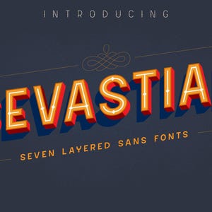 May include: A graphic design featuring the word "SEVASTIAN" in a 3D retro font with red and orange colors, set against a dark blue background. The text "INTRODUCING" and "SEVEN LAYERED SANS FONTS" are also present.