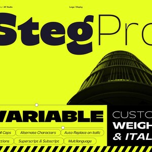 Könnte beinhalten: Grafikdesign-Werbung mit dem Text "StegPro" in fetter, schwarzer Schrift vor einem leuchtend gelben Hintergrund. Das Bild enthält eine stilisierte Illustration eines Gebäudes und die Wörter "VARIABLE" und "CUSTOM WEIGHT & ITALIC". Zusätzlicher Text umfasst "Small Caps", "Alternate Characters" und "Fractions".