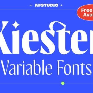 Könnte beinhalten: Blaues Grafikdesign mit dem Wort "Kiester" in großen weißen Buchstaben, über "Variable Fonts". Der Text "Free Fonts Available" steht in einem roten Oval. Das AFSTUDIO-Logo befindet sich oben.