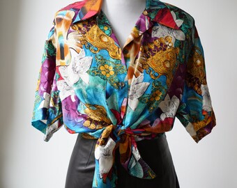 Vintage Colorful Novelty Fish Print Silk Blouse/ Under the Sea/ Gold Medallion