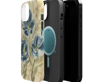 May include: A set of three phone cases. The first case features a watercolor floral design with blue flowers and a beige background. The second case is black with a teal circular design. The third case is black.
