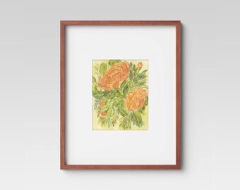 May include: Watercolor painting of orange flowers and green leaves in a wooden frame. The artwork features two large orange blooms with detailed petals, surrounded by green foliage and smaller orange buds. The frame is a warm brown color.