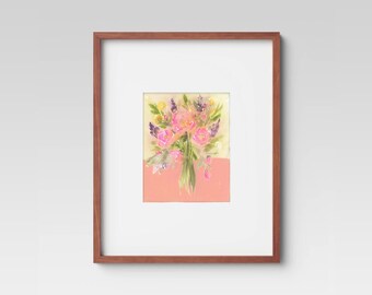 May include: Watercolor painting of a bouquet of pink flowers, lavender, and yellow accents in a vase. The artwork is framed in a brown wooden frame with a white mat. The background is a soft peach color.