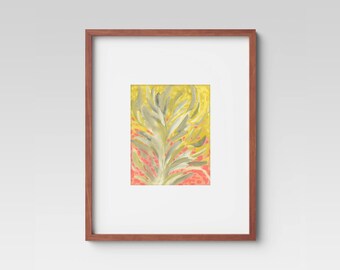 May include: A framed abstract painting with a yellow and orange background and a gray, leafy design in the center.
