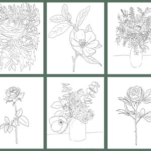 Floral Hand Drawn Digital Download Coloring Pages 6 Printable Flower Coloring Pages image 3
