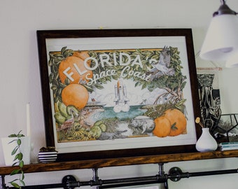 XL Florida&#39;s Space Coast, Wall Art, Vintage Postcard, Cocoa Beach, Watercolor Illustration, Titusville-Alligator, Shuttle Rocket Launch