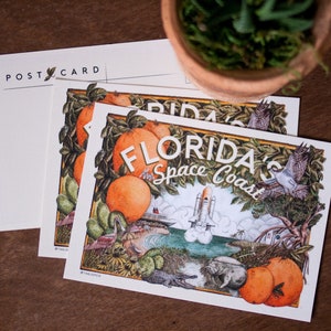 May include: A postcard featuring a colourful illustration of Florida's Space Coast. The postcard depicts a space shuttle launching, a beach scene, and various Florida wildlife, including an alligator, a manatee, and a bird. The text "Florida's Space Coast" is written in a stylised font.