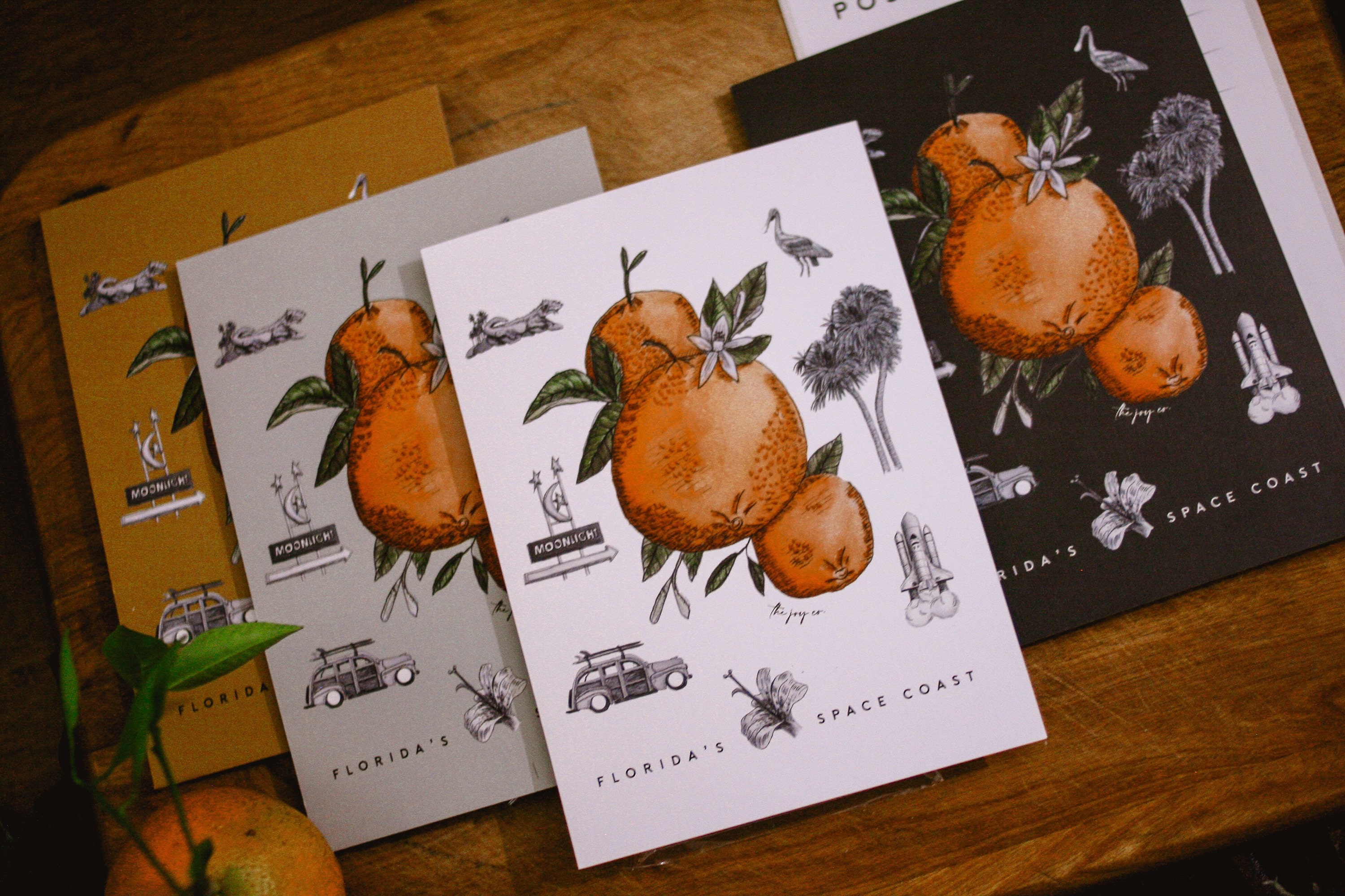 Florida’s Oranges Postcard, Cocoa Beach, Watercolor Illustration, Titusville, Merrit Island, Palm, Shuttle Rocket Launch Citrus, note card