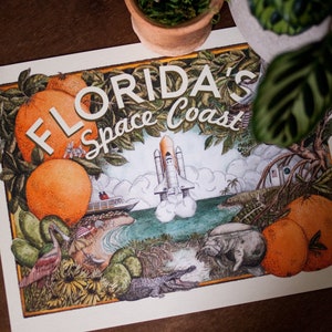 Florida&#39;s Space Coast, Wall Art, Vintage Postcard, Cocoa Beach, Watercolor Illustration, Titusville-Alligator, Shuttle Rocket Launch Citrus