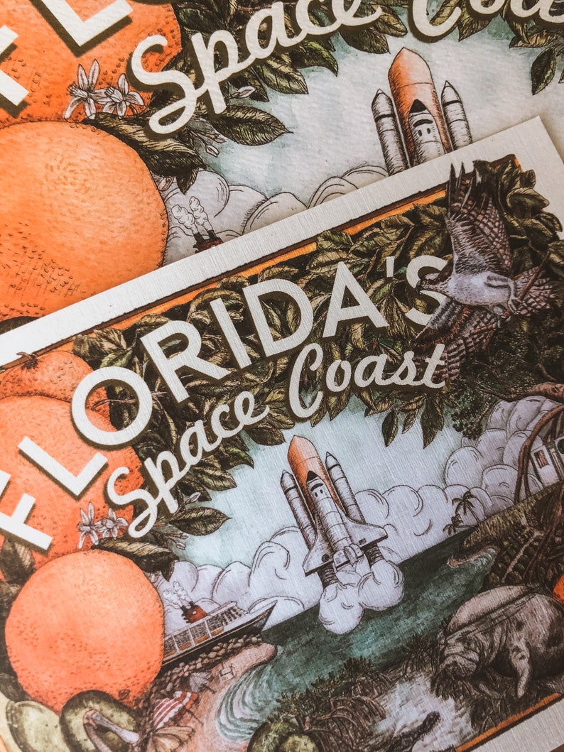 May include: A vintage-style illustration of a space shuttle launching from the Florida Space Coast. The image features a vibrant green, blue, and orange colour palette with a white background. The text "FLORIDA'S Space Coast" is prominently displayed in a white, serif font.