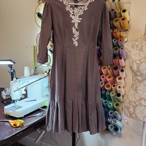 Tanya Swan American Cotton Polkadot Embroidery Dress Women Retro Casual 3/4 Sleeve Handcrafted Grey