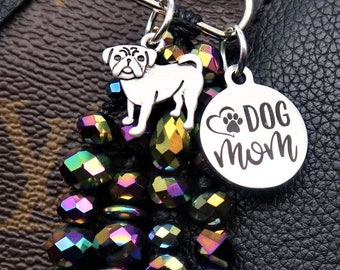 pug dog mom, beaded purse charm for handbag, laptop bag charm for her, dog mom gift, pug gifts, pug lovers, gifts for dog owners, pug charm