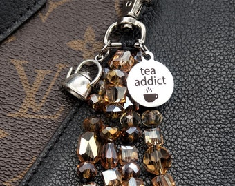 tea addict, crystal purse charm for handbag, laptop bag charm for women tea gifts for tea lovers, birthday gift for mom, friend gift for her