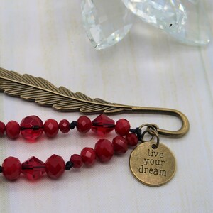 live your dream beaded bookmark for women reader gift for her charm bookmark gold bookmark book lover gift feather bookmark planner bookmark