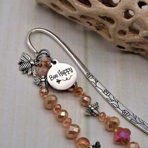 Bee Happy beaded bookmark for women, book lover gifts, bumble bee bookmark for her, motivational bookmark, honey bee gifts for teachers