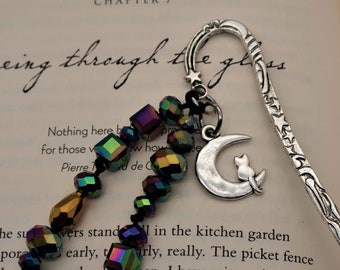 cat bookmark, beaded bookmark for women, book gifts for book lover gifts, cat gift for cat lover, cat in the moon, Secret Santa Gift at Work